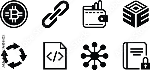 Blockchain and cryptocurrency vector icon set including bitcoin coin chain link wallet block exchange smart contract network and secure ledger