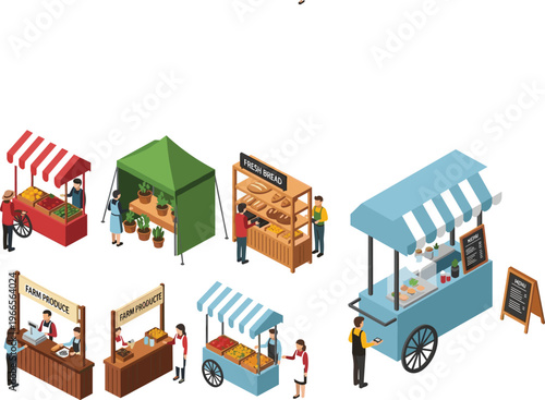 Isometric Farmers Market Stall Set Featuring Coffee Cart Bakery Stand Plant Nursery and Organic Produce Vendors for 3D Business Map and Retail Graphics