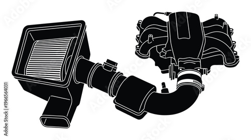 Black silhouette of engine air intake system and manifold for car performance upgrade