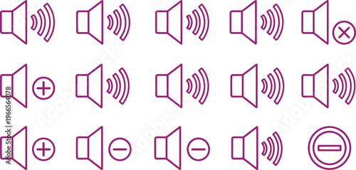 Set of purple outline icons representing various volume control levels, including mute and sound adjustment options.