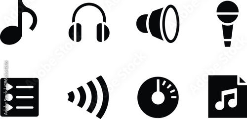 music and audio vector icons including note headphones speaker microphone playlist sound waves volume dial and file.
