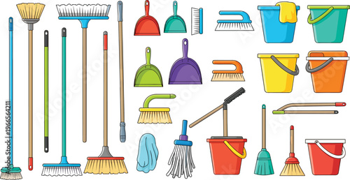 Large Collection of Housekeeping Icons featuring Colorful Buckets Brooms Mops and Dustpans for Home Cleaning Services Organization and Interior Maintenance Vector Illustrations