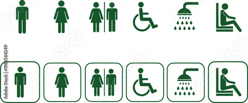 Collection of essential public service pictograms: male, female, disabled, shower, and sauna symbols.