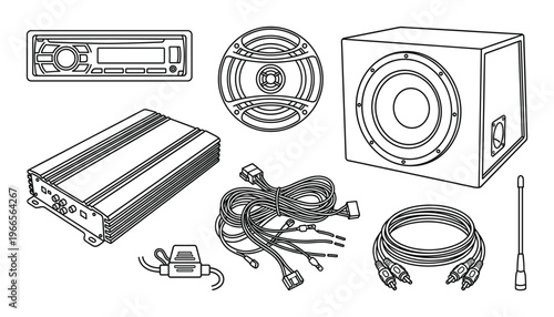 Car audio system components vector set car radio amplifier subwoofer speaker cables antenna fuse