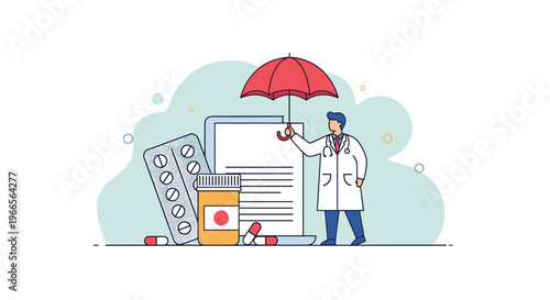 Health insurance and medical protection concept featuring a doctor holding an umbrella over documents with medicine and pills.