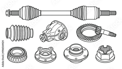 Car auto spare parts vector outline icons cv joint boot differential housing bearing flange nut
