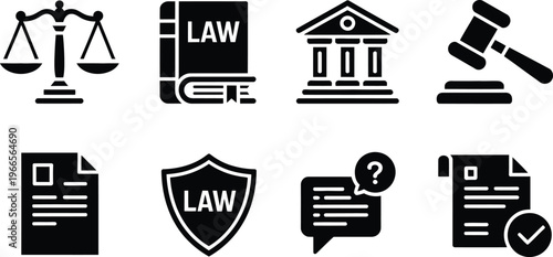Legal and justice vector icon set featuring scales of justice law book courthouse gavel protection shield and document symbols for professional law.