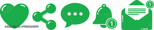 Set of green social media interaction icons for website and application user interface elements