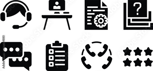 Customer service and technical support icon set featuring help desk operators video consulting documentation faq chat bubbles checklists and star ratings.