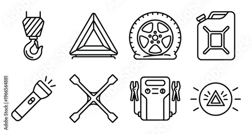 Car emergency kit outline icons set, roadside assistance symbols, vehicle breakdown equipment line art