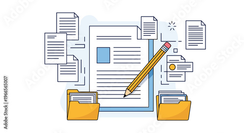 Many business documents and records with yellow pencil on a blue background representing extensive paperwork and content creation.