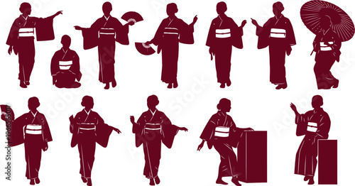 Collection of Japanese women in traditional kimono silhouettes performing various elegant poses and holding fans.