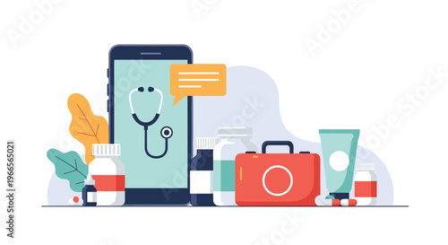Online medical pharmacy and telemedicine concept with smartphone stethoscope and various medicine bottles and pills on desk.