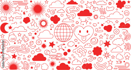 Seamless background pattern with doodle style icons representing weather, celestial bodies, and emotion