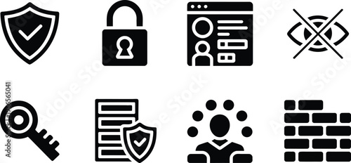Set of eight black vector icons representing cybersecurity and data protection including shield lock user profile key server and firewall.