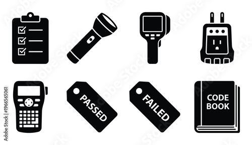 Checklist clipboard flashlight thermal imager power adapter code book test tags passed failed