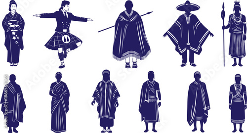 Diverse people from various world cultures wearing traditional ethnic clothing and costumes