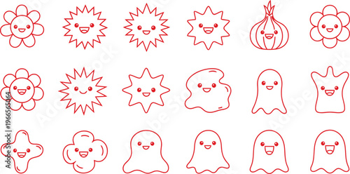 Collection of cute red outline kawaii characters with cheerful expressions and diverse forms