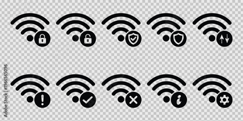 A collection of black wifi signal strength icons with security and status indicators silhouette high-quality