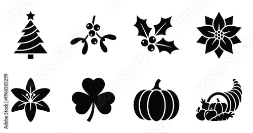 Christmas holiday plants vector icons mistletoe holly poinsettia lily shamrock pumpkin cornucopia