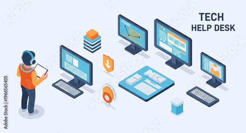Isometric Tech Help Desk Illustration with Technician and Computers.