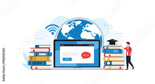 Global online education concept with large globe behind a laptop and stacks of academic books for worldwide digital learning.