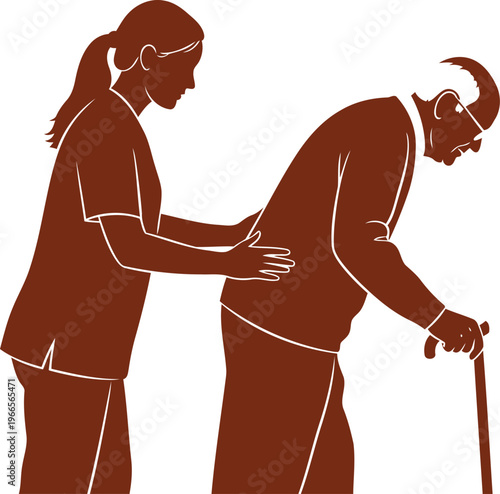 Professional caregiver assisting elderly man with a walking stick providing home care support.