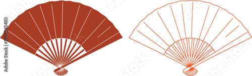 Elegant folding hand fan vector illustrations in both solid brown and intricate outline designs.