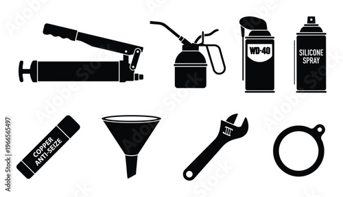 Collection of eight black silhouettes of automotive maintenance and lubrication tools