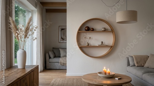 Minimalist living room interior featuring circular wooden wall shelving unit, serene dwelling space, cozy earth tones, tranquil home atmosphere.