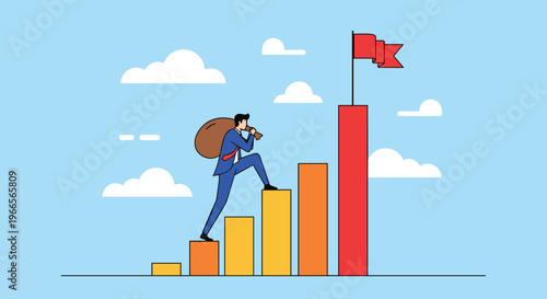 Ambitious businessman carrying a heavy money bag while climbing a bar chart staircase towards a red flag for financial goal.