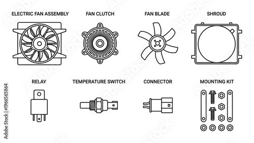 Cooling fan parts line art collection isolated on checkered background for car vehicle automotive