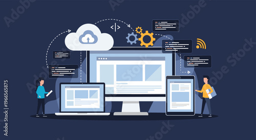 Group of developers working on web programming and website design with multiple computer screens and cloud computing symbols.