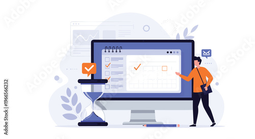 Time management and project deadline concept with hourglass and task checklist on a computer monitor for productivity.