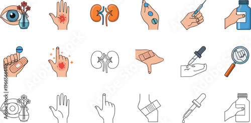 Medical Healthcare Icon Set Featuring Human Kidneys Eye Care Treatment Bandaged Hands Syringes and Diagnostic Tools for Clinical Research and First Aid Design