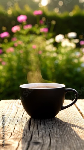 Coffee cup on wooden table in garden with flowers