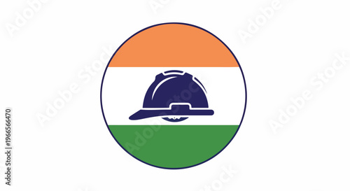 Circular emblem featuring a hard hat on a tricolor background of orange, white, and green.