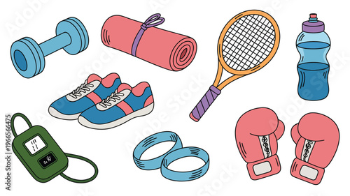Fitness equipment and accessories illustration pack, colorful vector designs for exercise, sports training, gym workouts, health, and active lifestyle design projects.