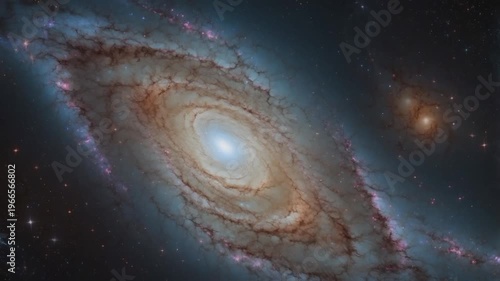 A magnificent cosmic view of a giant spiral galaxy dominating space. This galaxy has a very bright, bluish-white core, surrounded by a complex structure of spiral arms.