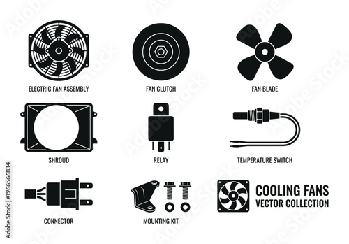 Cooling fan parts vector collection silhouette isolated on checkered background for car vehicle