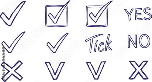A set of dark blue hand-drawn outline icons featuring various check marks (ticks), cross symbols (X), and handwritten "YES," "NO," and "Tick" typography.