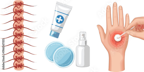 Medical Wound Care Icon Set Featuring Surgical Sutures Antiseptic Spray Ointment Tube and Hand Treatment Process for First Aid Healthcare and Clinical Education