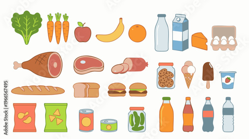Collection of various groceries, food products and beverages flat icons
