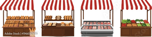 Outdoor Market Stall Vector Set Featuring Bakery Bread Shop Butcher Counter and Fresh Vegetable Stand with Red and White Striped Awnings for Retail Design