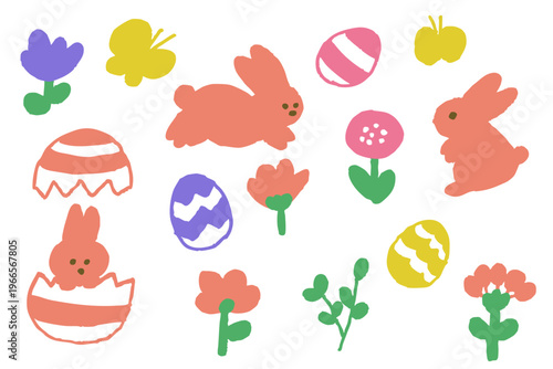 カラフルでポップなパステルのフラットイースターセット うさぎとイースターエッグと花の子供向け春イラスト