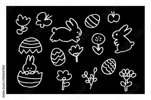 手描きのイースターうさぎと卵のシンプルな白黒落書きアイコンセット 春の花とかわいいラフイラスト素材