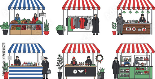 Outdoor Holiday Market Stall Set Featuring Winter Fashion Boutique Christmas Food Stands Coffee Shop and Organic Flower Vendors with Professional Merchants for Seasonal Commerce