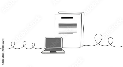 A laptop connects to stacks of documents with a cord on a desk