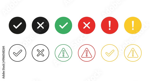 A collection of warning and status icons with checkmarks and exclamation marks are shown