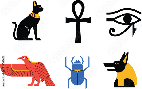 Ancient Egyptian symbols set, ankh eye of horus bastet anubis scarab falcon mythology vector illustration isolated icons collection